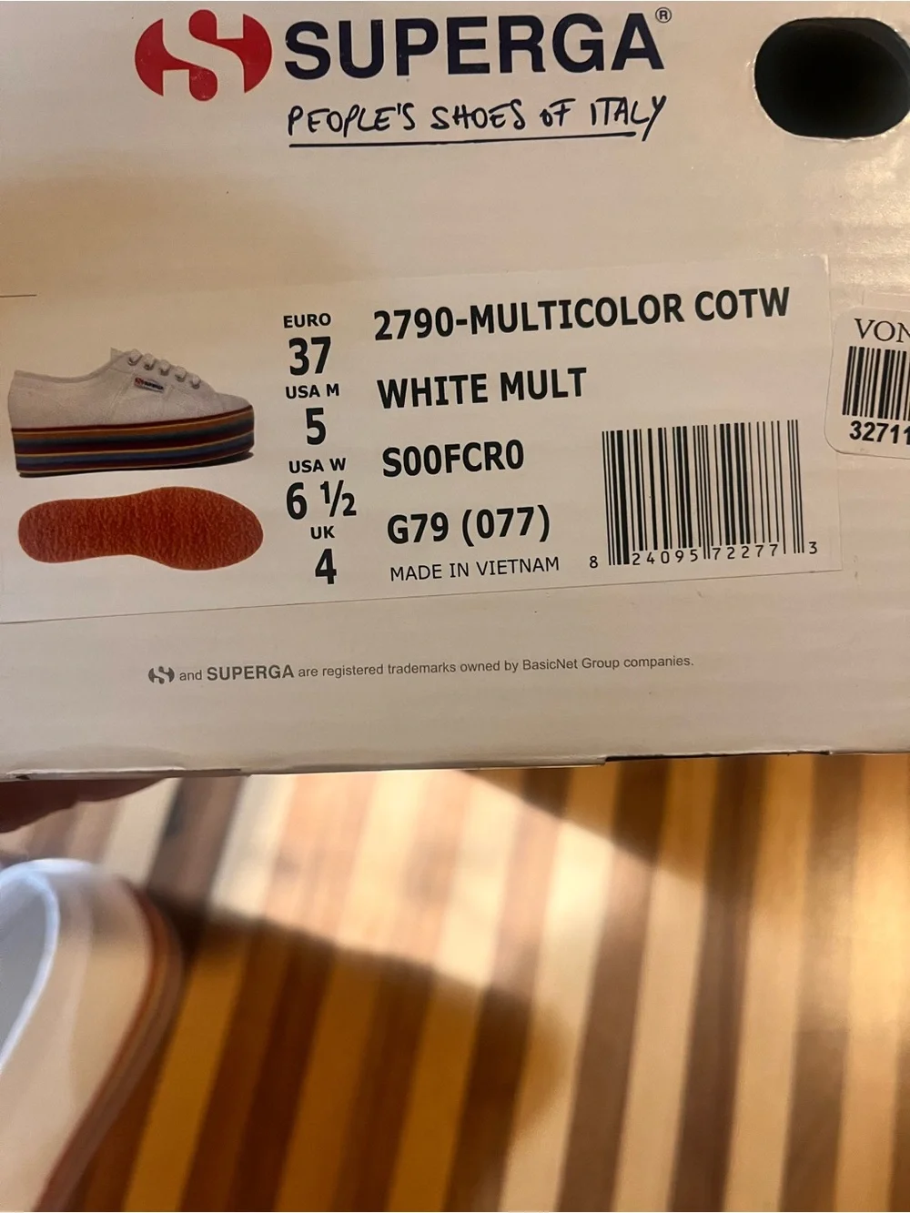 Superga White Platform Sneaker with Multicolor Rainbow Stripes